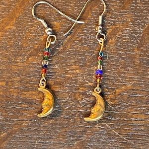 2/$20 multicolored bead and brass moon earrings early 90s